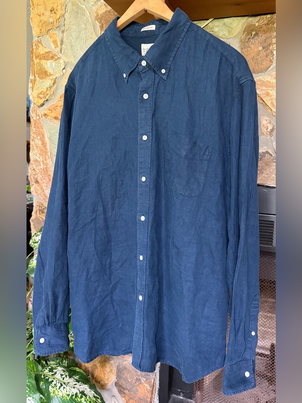 J. Crew Irish Linen Navy Button-Down Long Sleeve Shirt Relaxed Fit XL